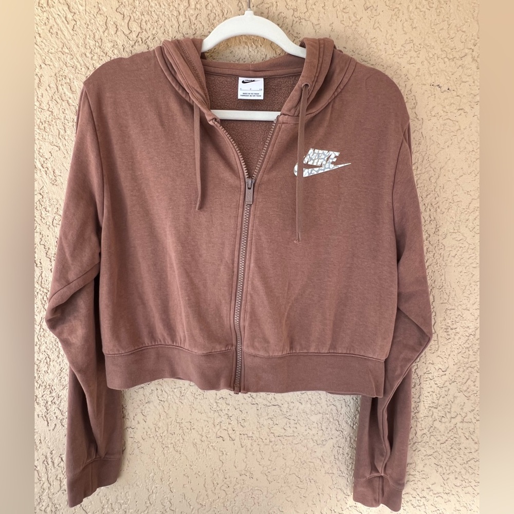 Nike Cropped Zip Hoodie Brown Leopard Swoosh Women’s Small Athleisure EUC